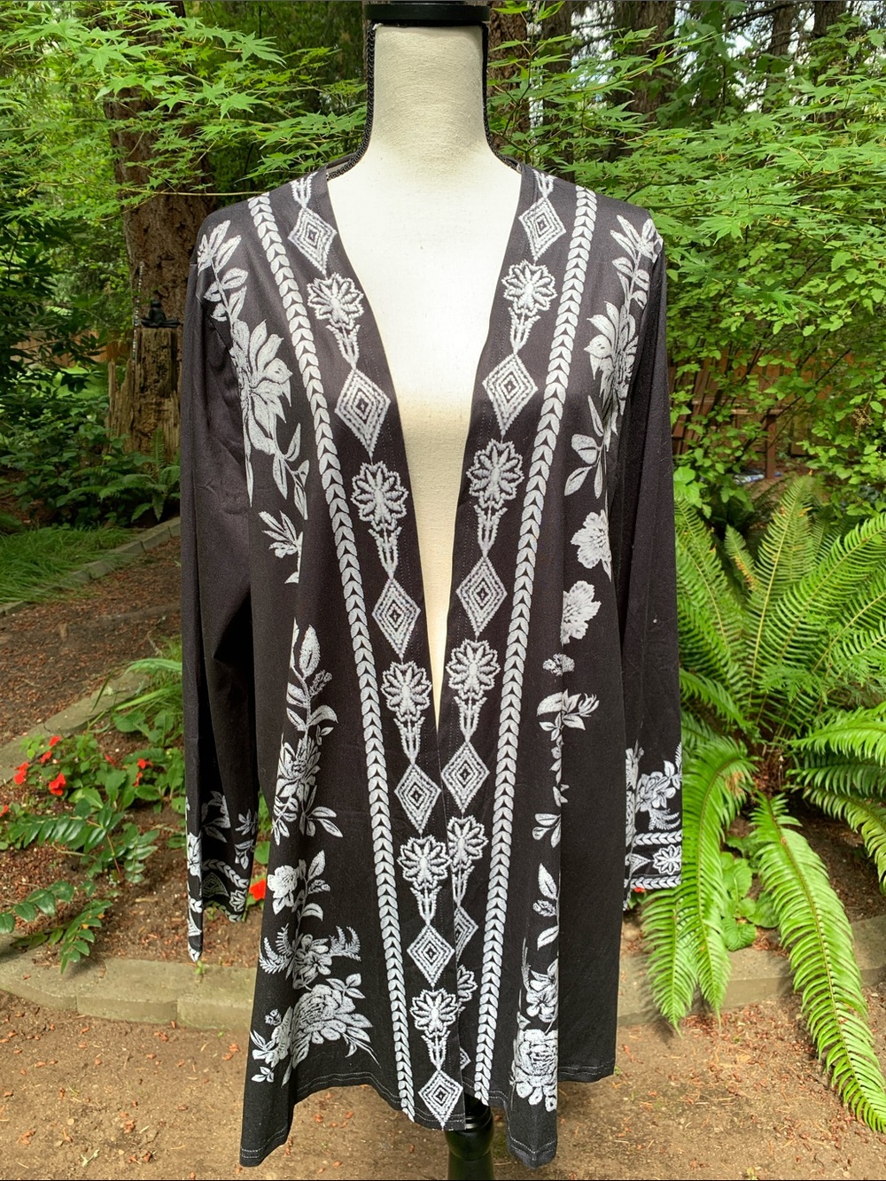 Black Open Front Cardigan with White Floral print detail